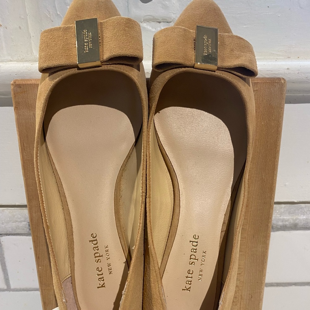 kate spade Tan Suede Bow Flats with Gold Plaque